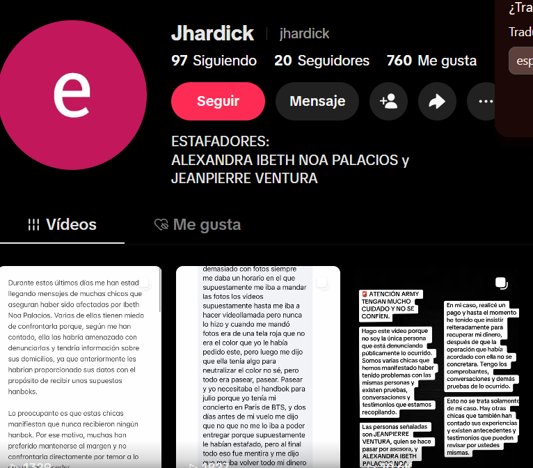 Evidencia de la denuncia contra Ibeth Alexandra (Fresa) Noa Palacios